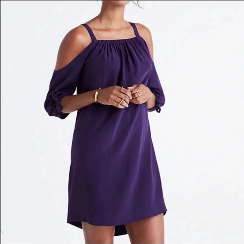 Madewell | 100% Silk Royal Purple Cold Off Shoulder Tie Sleeve Mini Dress | Sz 8